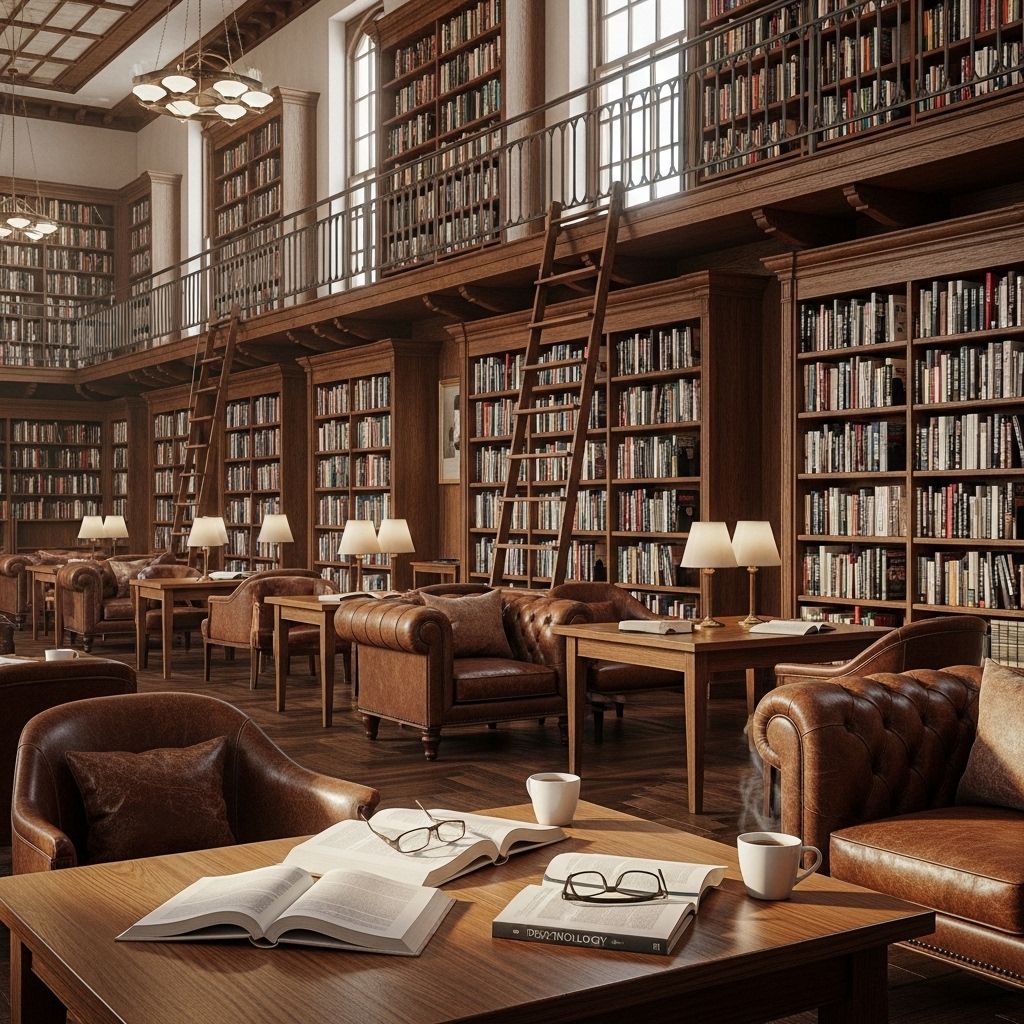 Обширная библиотека с полками психологических книг и учебников, тёплым освещением и удобными кожаными креслами для чтения