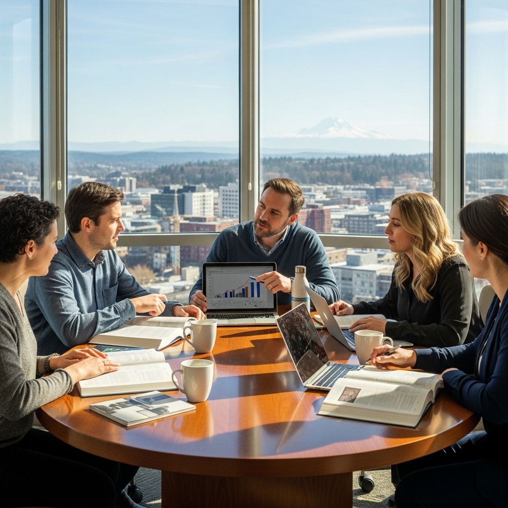 Команда психологов-преподавателей сидит за круглым столом с книгами и ноутбуками в современном офисе с панорамными окнами и видом на город Такома