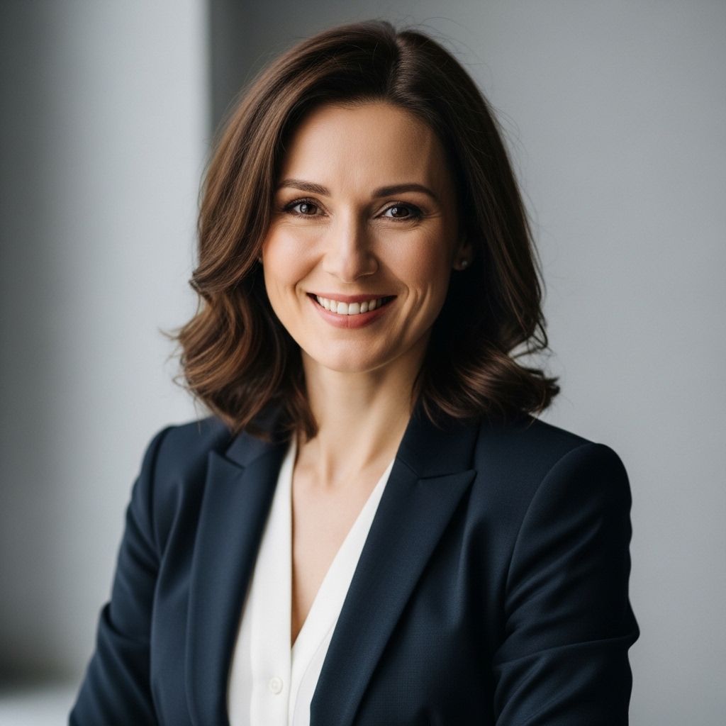 Портрет женщины средних лет с каштановыми волосами и доброй улыбкой на светлом фоне