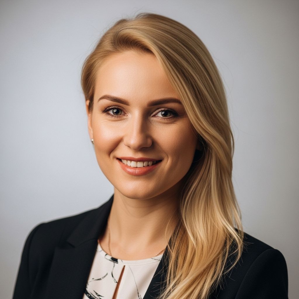 Портрет молодой женщины студенческого возраста с длинными светлыми волосами и открытой улыбкой