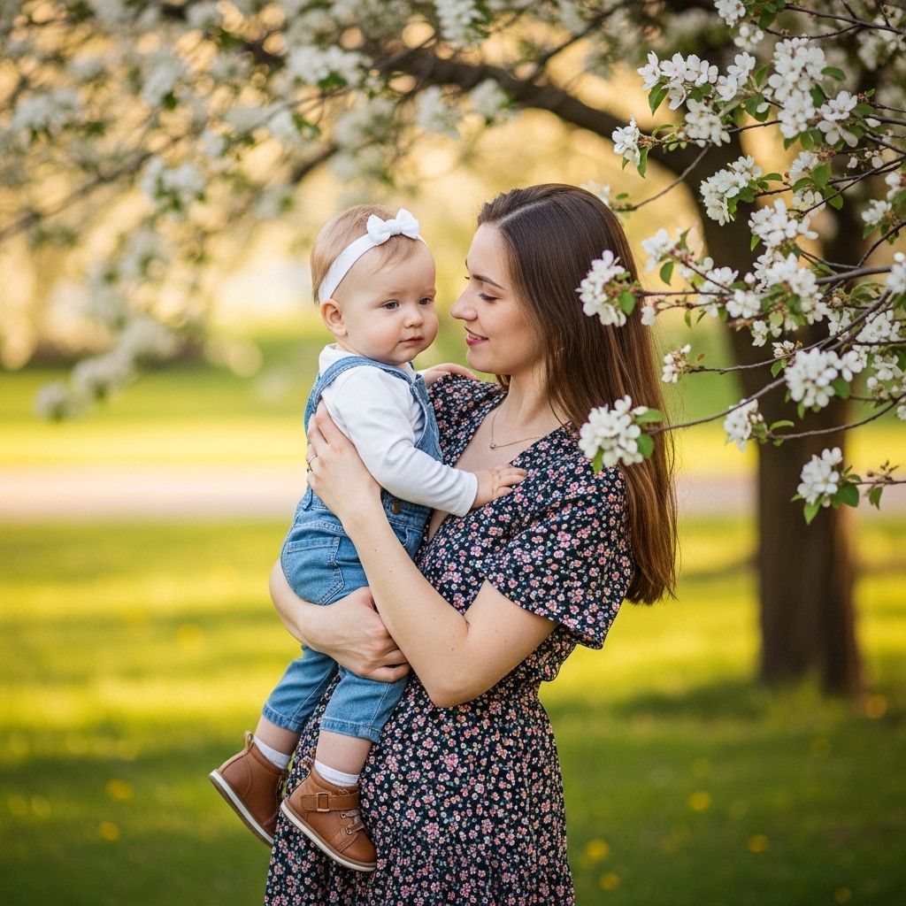 Мать нежно обнимает маленького ребёнка в солнечном парке, создавая атмосферу безопасности и привязанности
