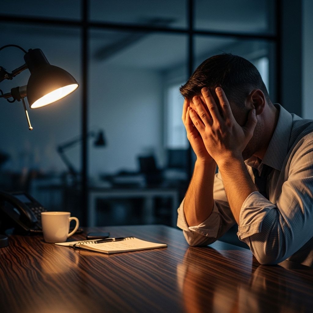Уставший офисный работник сидит за компьютером, опустив голову на руки; вокруг стопки бумаг и мигающий монитор в тёмном офисе