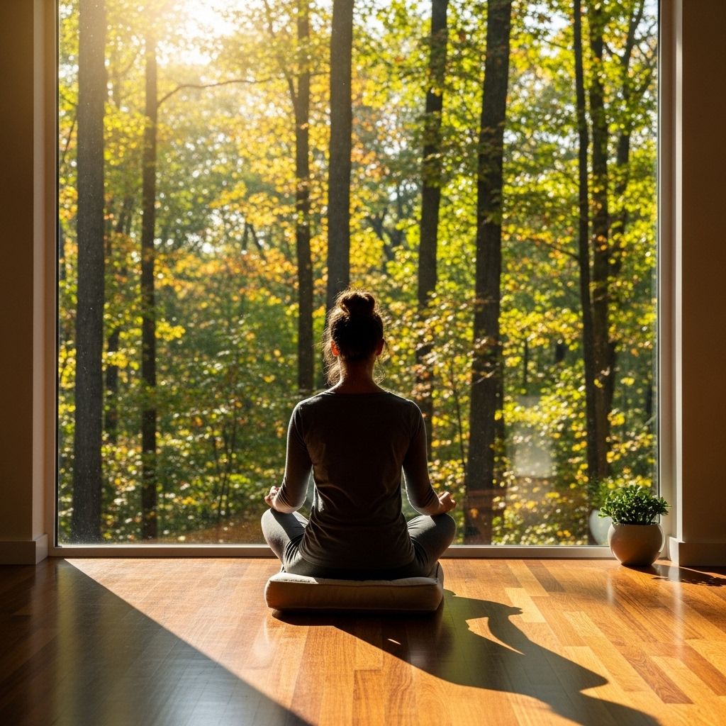 Женщина медитирует в позе лотоса на деревянном полу у большого окна с видом на осенний лес