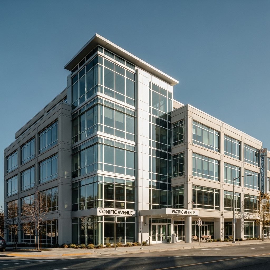 Фасад бизнес-центра на Pacific Avenue в Такоме, штат Вашингтон, в ясный солнечный день — современное здание из стекла и стали