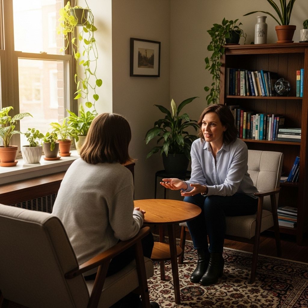 Подросток и школьный психолог беседуют в уютном кабинете с растениями и книгами, демонстрируя доверительный разговор