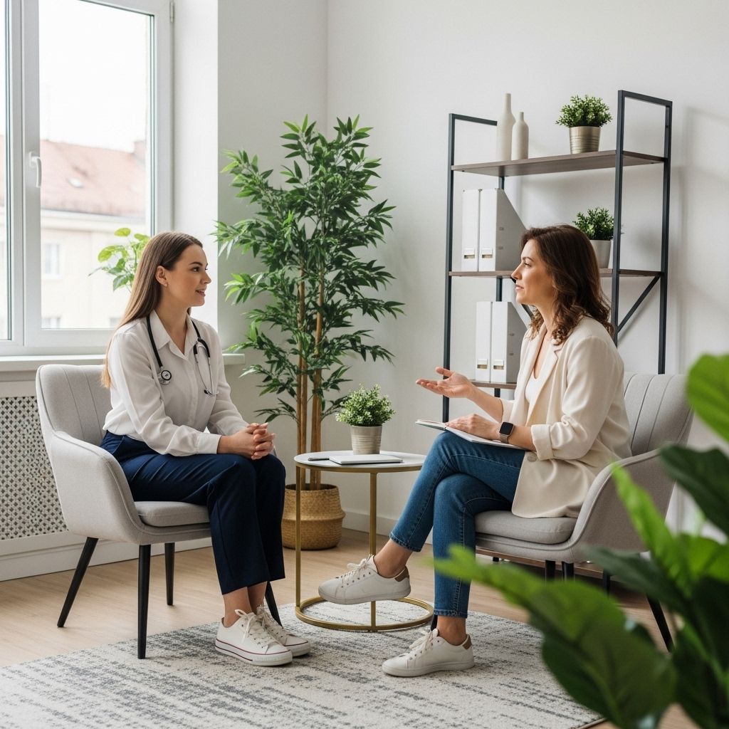 Психолог и пациент сидят напротив друг друга в светлом кабинете терапии, на столе блокнот и стакан воды