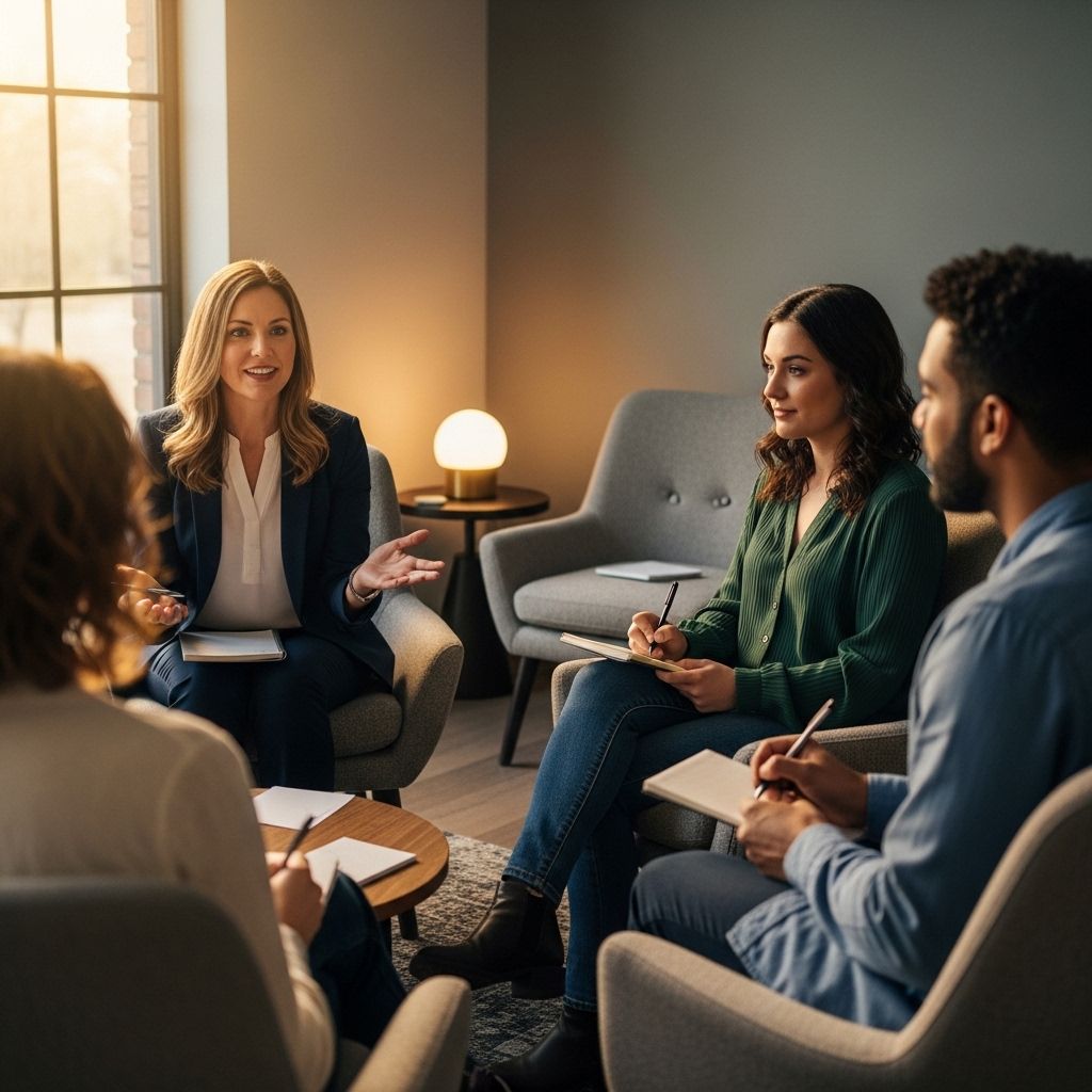 Женщина-психотерапевт проводит групповой сеанс диалектической поведенческой терапии с тремя участниками в кабинете с мягким освещением