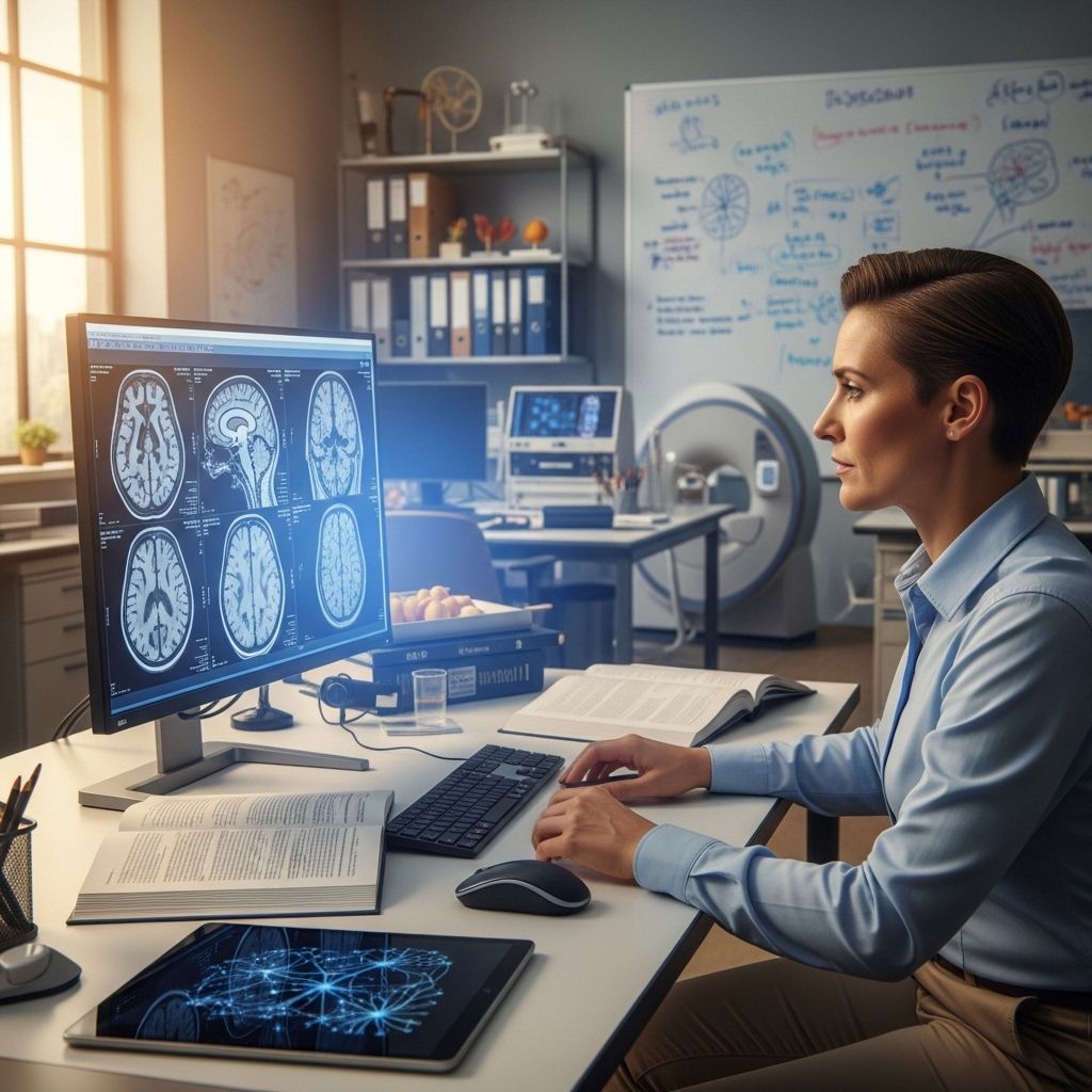 Учёный-нейробиолог рассматривает снимки МРТ головного мозга на светящемся экране в лабораторных условиях