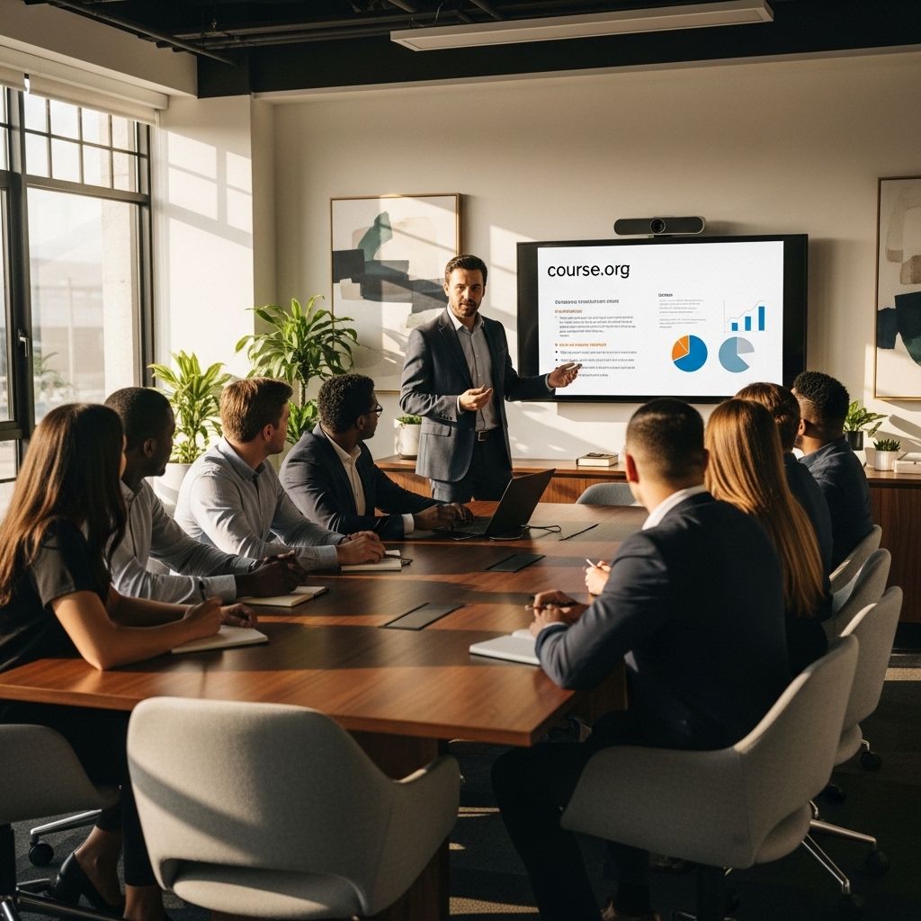 Деловая встреча в современном офисе: руководитель делает презентацию перед командой из восьми сотрудников за большим столом переговоров