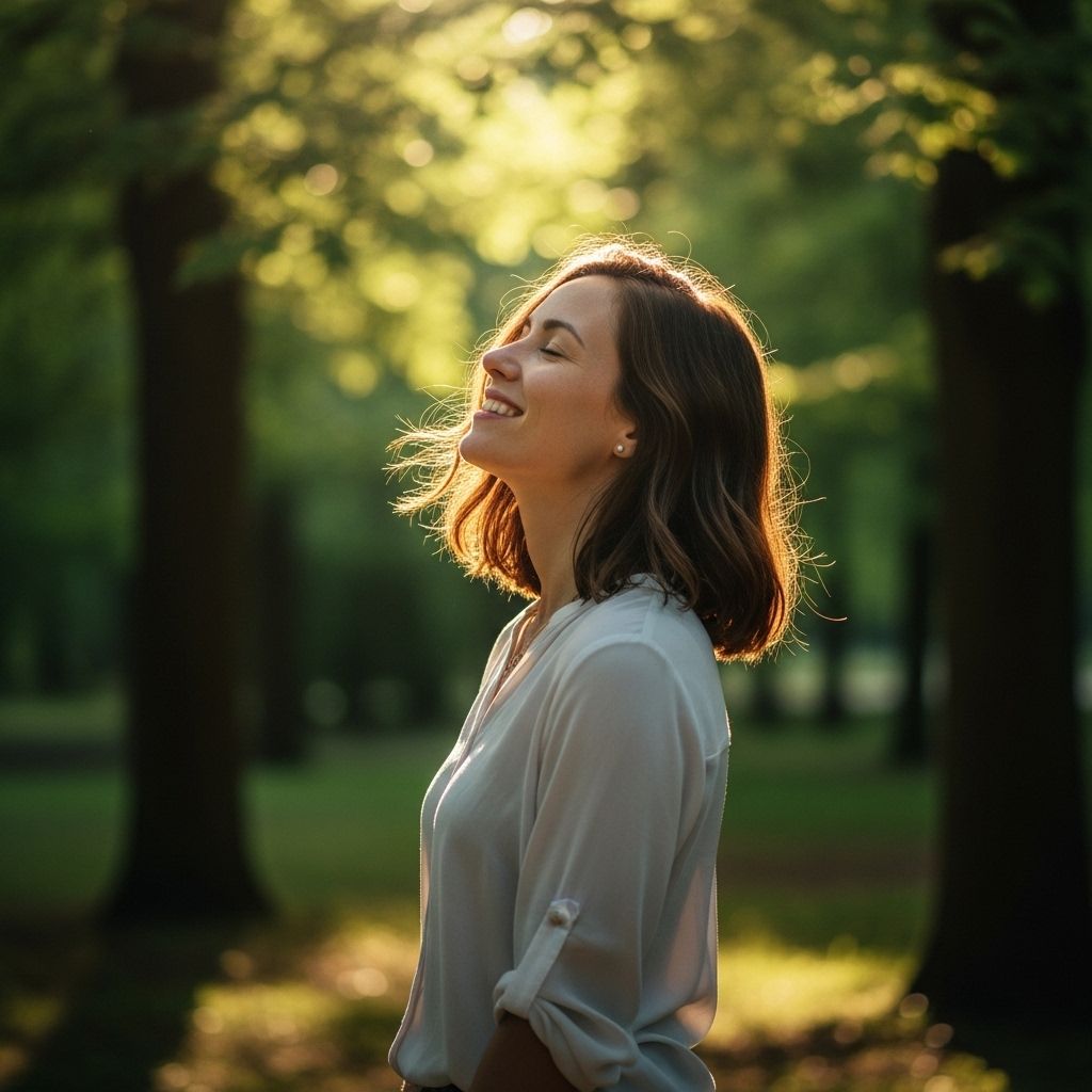 Счастливая женщина с закрытыми глазами и улыбкой стоит на свежем воздухе в солнечном парке среди зелёных деревьев