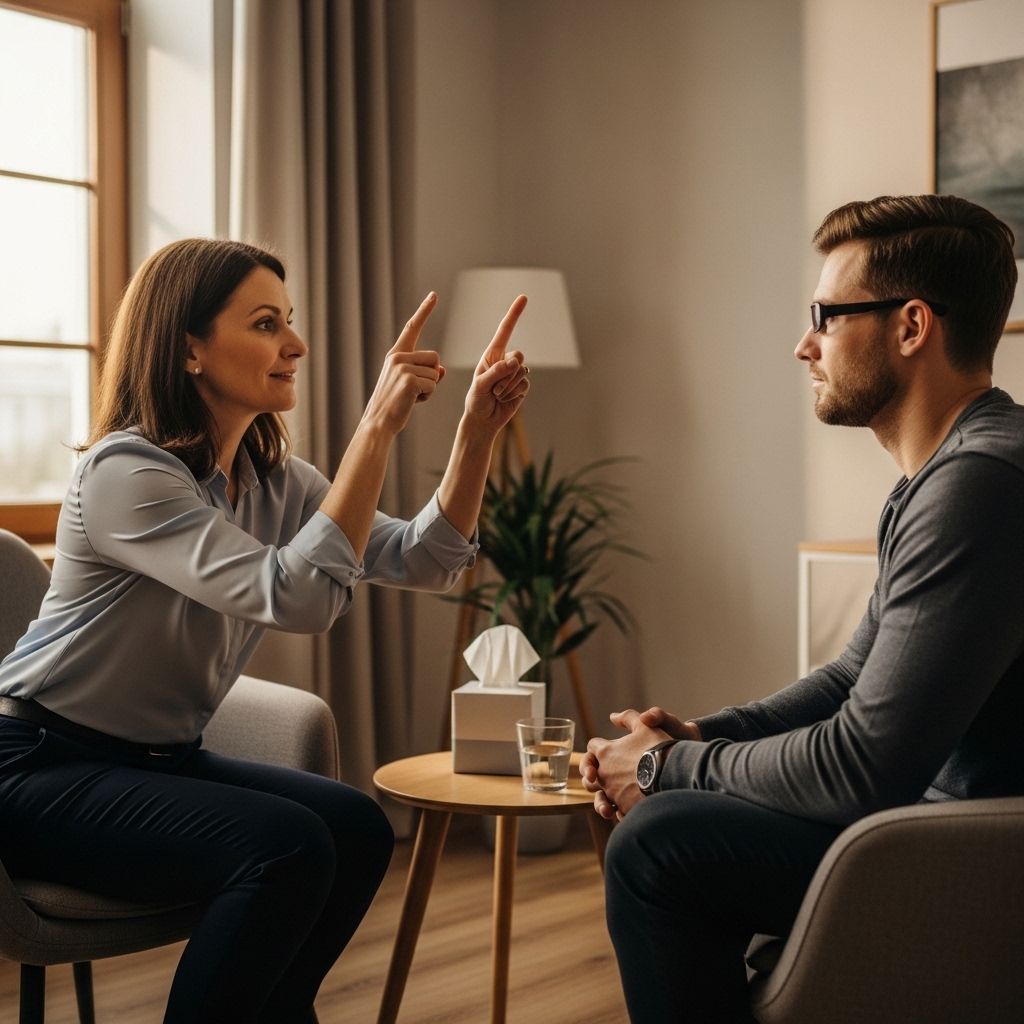 Психолог проводит сеанс терапии с клиентом, демонстрируя технику EMDR с движением пальца перед глазами пациента