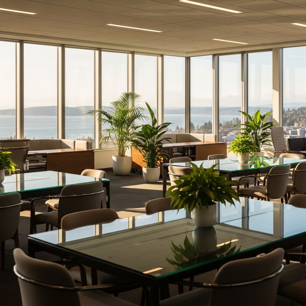 Современный офис с большими панорамными окнами и видом на залив Пьюджет-Саунд в Такоме, со стеклянными столами и зелёными растениями