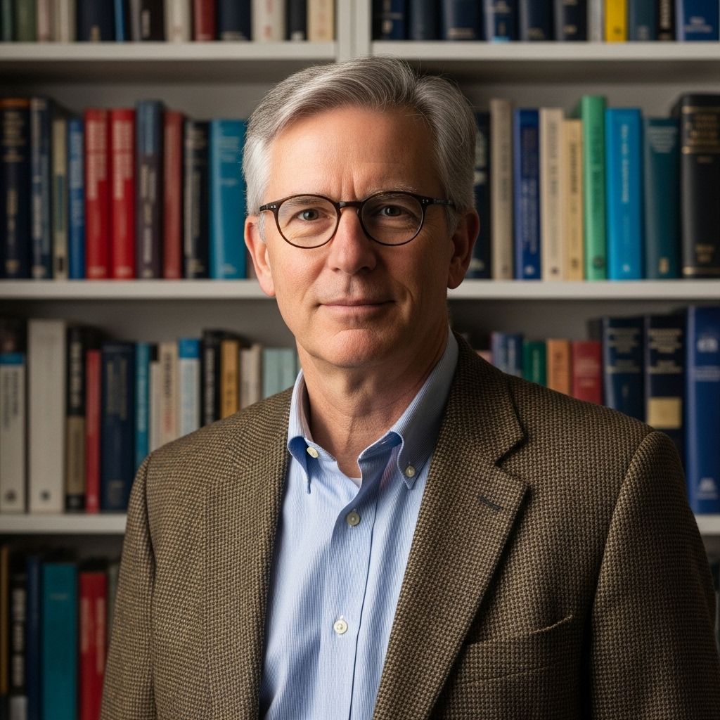 Профессиональный портрет мужчины-психолога лет 50, с сединой, в очках и твидовом пиджаке на фоне книжных полок с научными изданиями