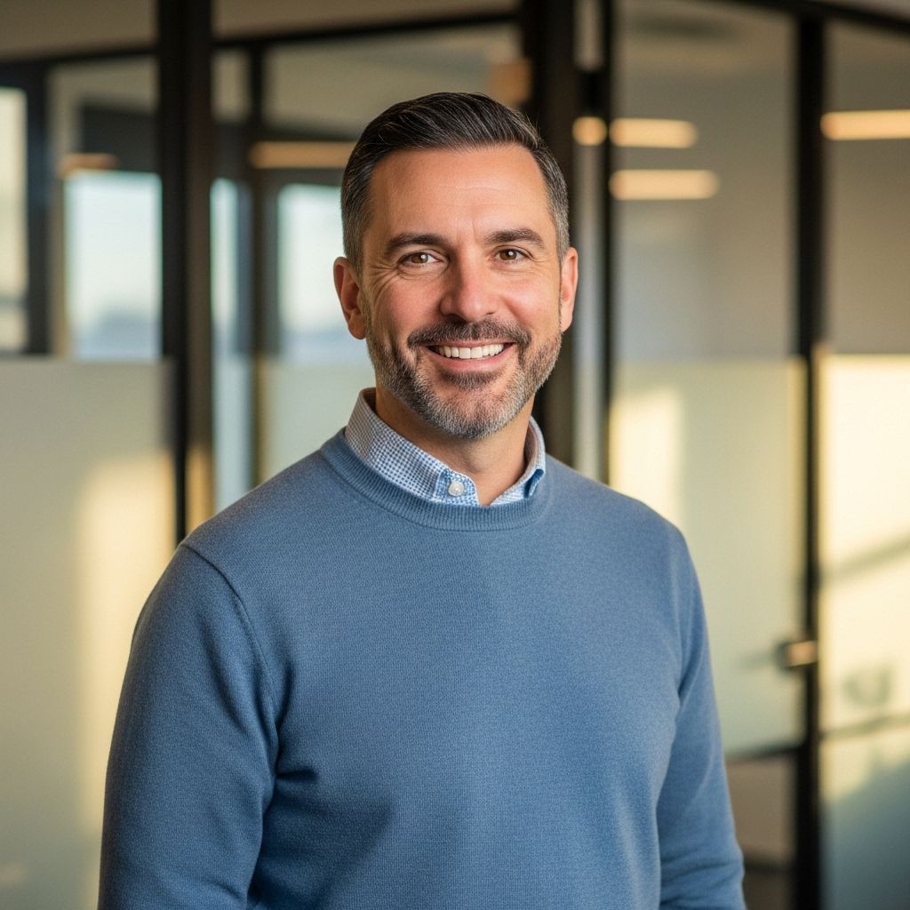 Профессиональный портрет мужчины лет 40, улыбающегося, в синем джемпере, снятый в современном офисе со стеклянными перегородками